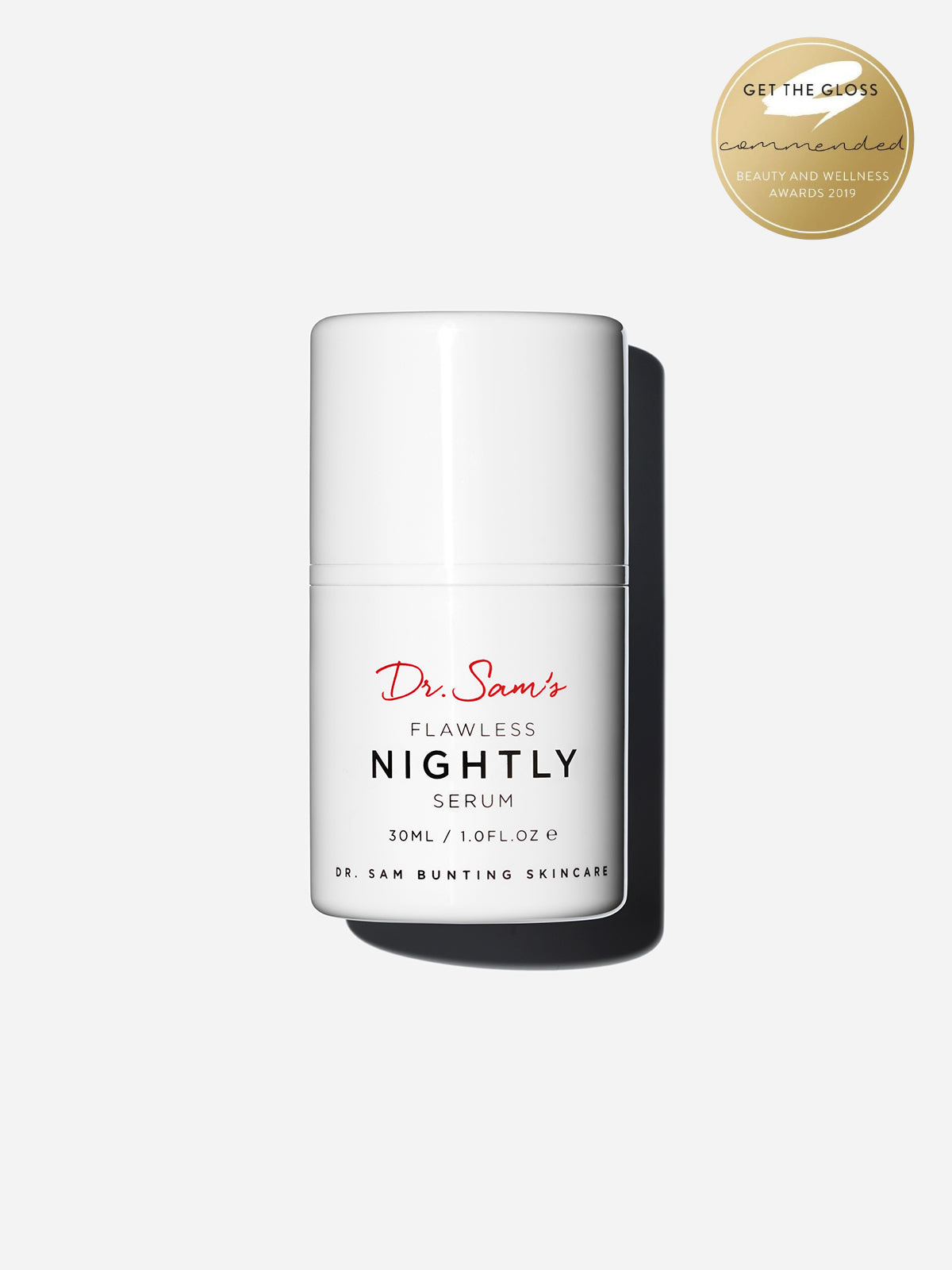 Dr Sam's Flawless Nightly 2% Retinoid Serum featuring Get The Gloss Commended Award for Beauty and Wellness 2019
