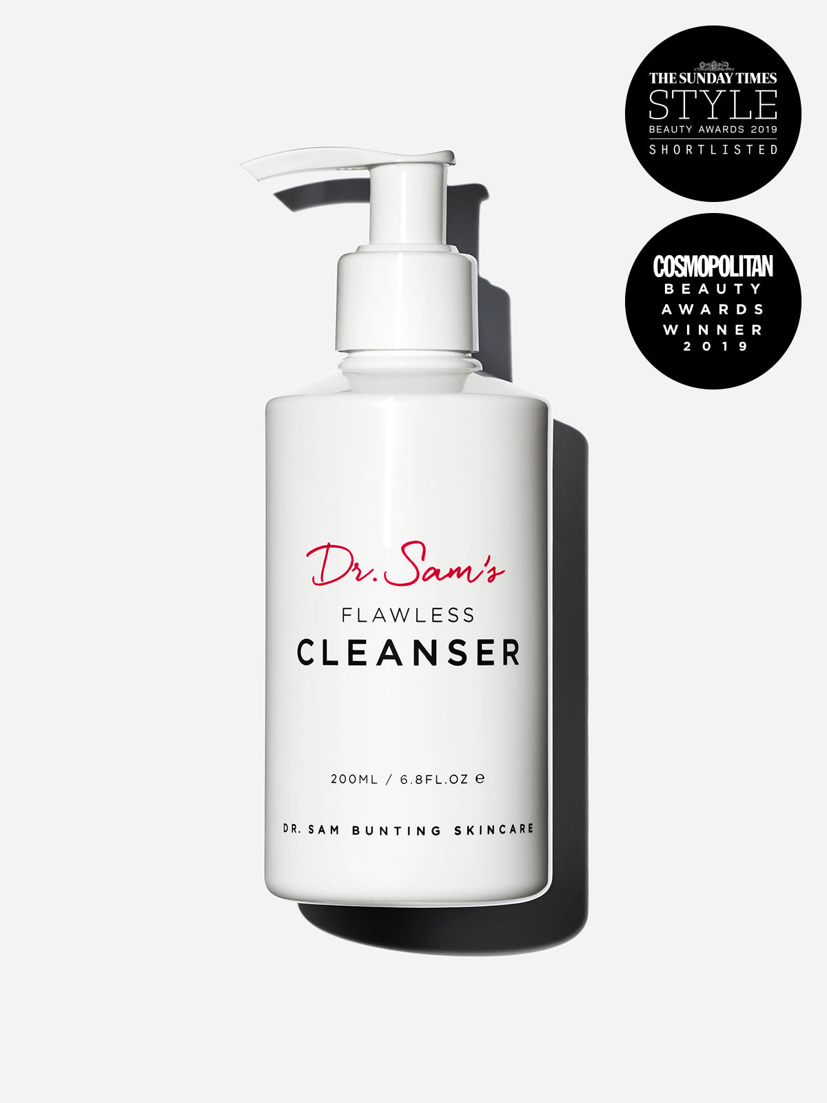 Dr Sam's Flawless Cleanser 200ml featuring The Sunday Times Style Beauty Awards 2019 Shortlist, and Cosmopolitan Beauty Awards Winner 2019 badges